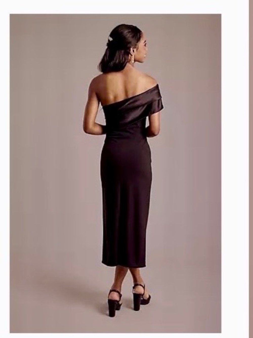 Black One-Shoulder Satin and Crepe Midi Sheath Dress - Picture 2 of 3